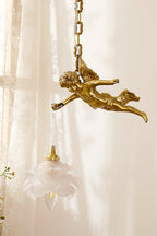 Art Deco Brass Angel Pendant Light with Flower Glass Shade