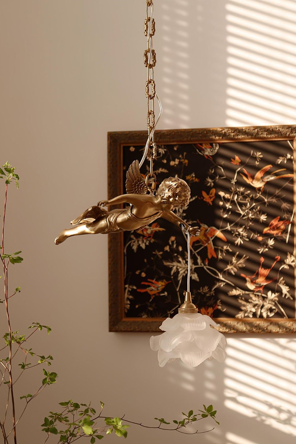 Art Deco Brass Angel Pendant Light with Flower Glass Shade