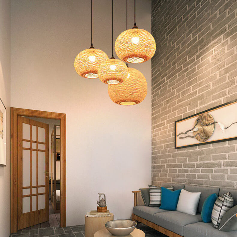 Boho Bamboo Woven Globe Pendant Light, 30 to 60 cm