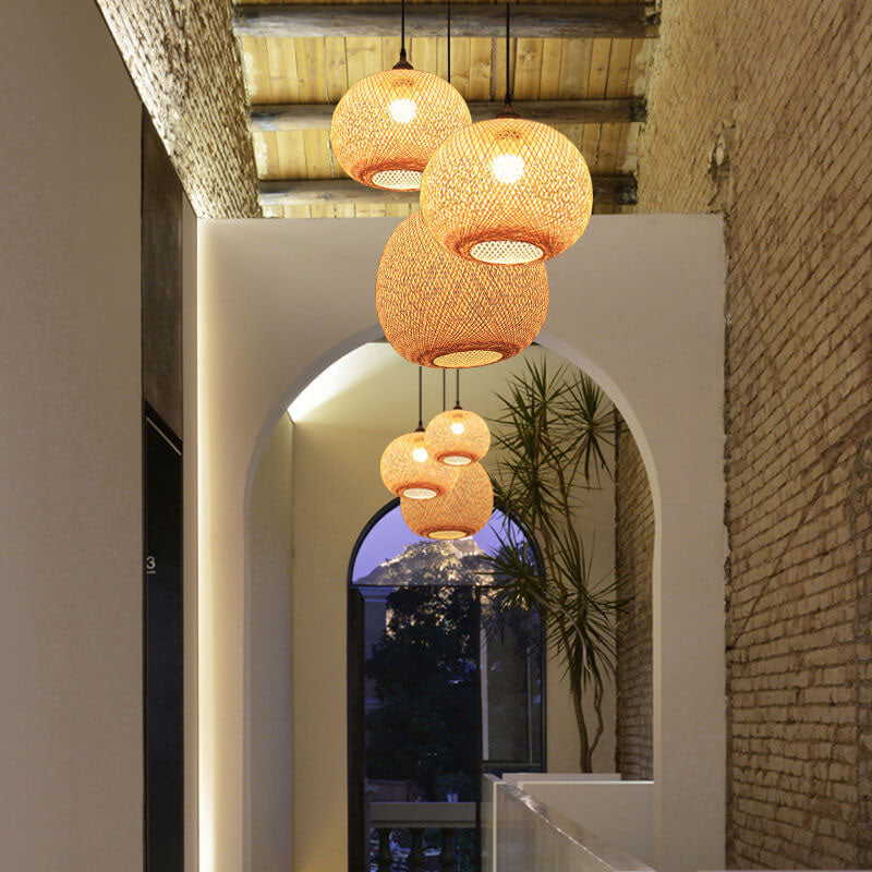 Boho Bamboo Woven Globe Pendant Light, 30 to 60 cm