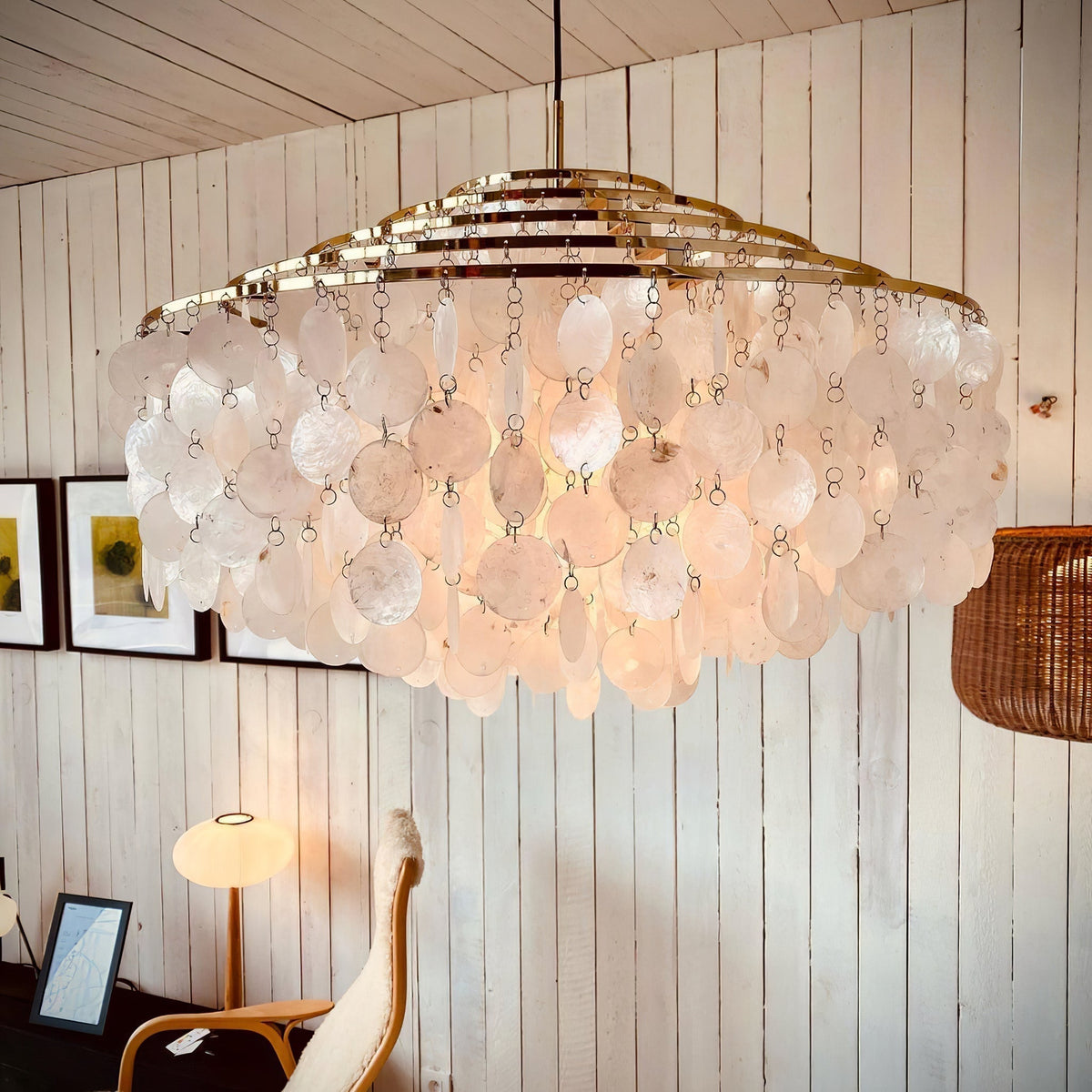 Boho Shell Disc Pendant Light, Chrome or Gold Frame