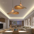 Boho Rattan Pendant Light with Wavy Shade and Wood Mount