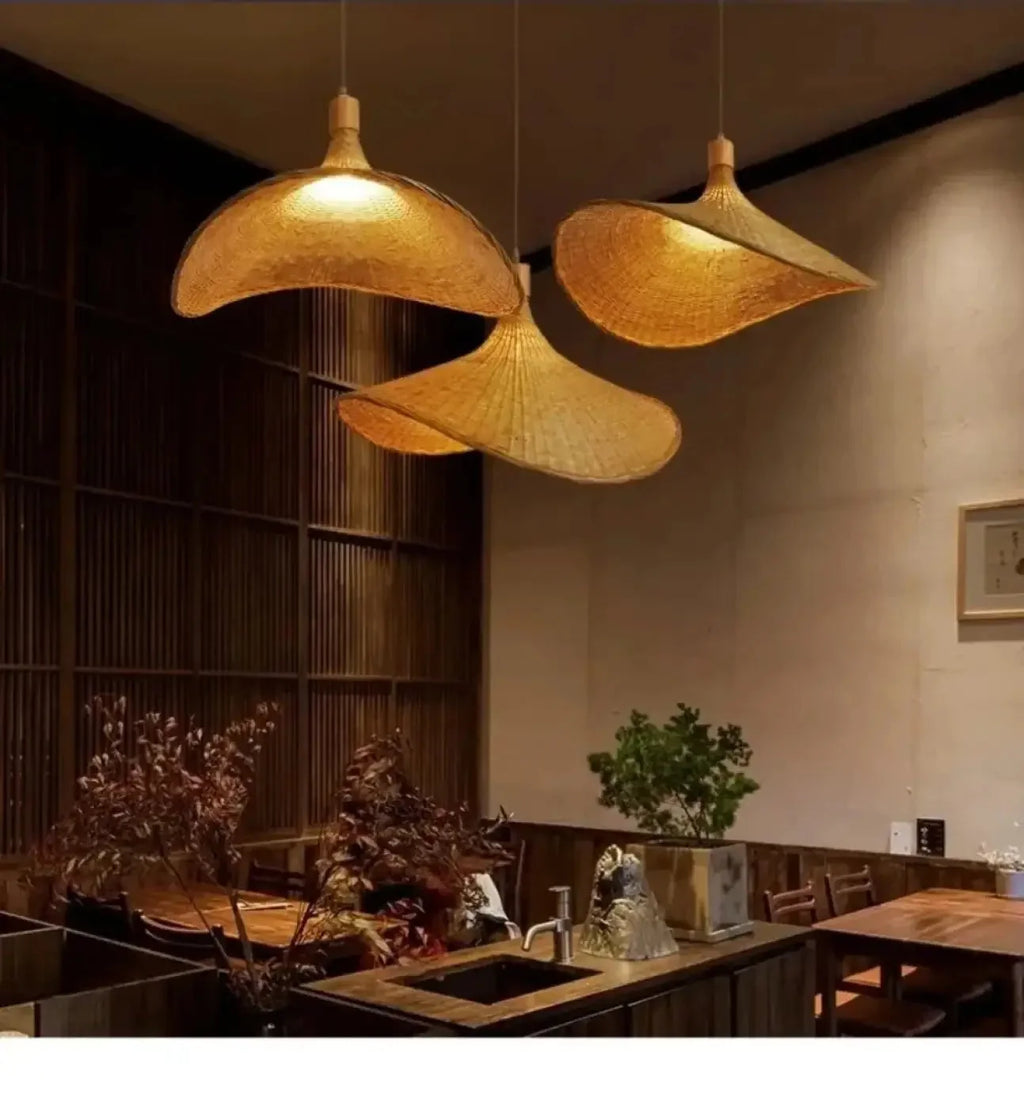 Boho Rattan Pendant Light with Wavy Shade and Wood Mount