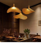 Boho Rattan Pendant Light with Wavy Shade and Wood Mount