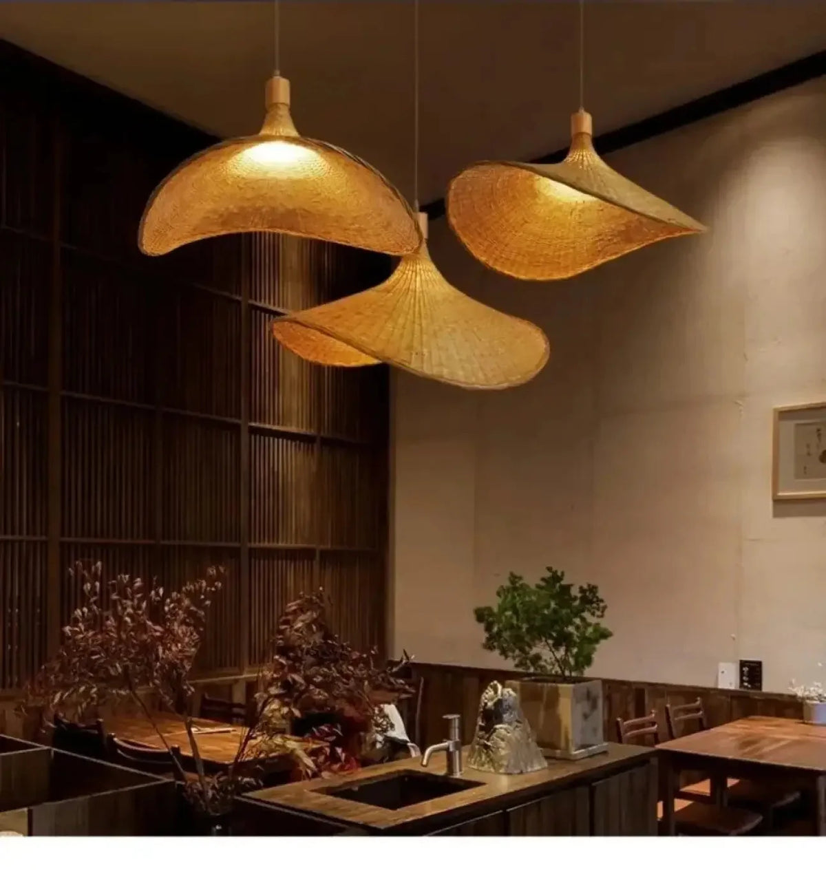 Boho Rattan Pendant Light with Wavy Shade and Wood Mount