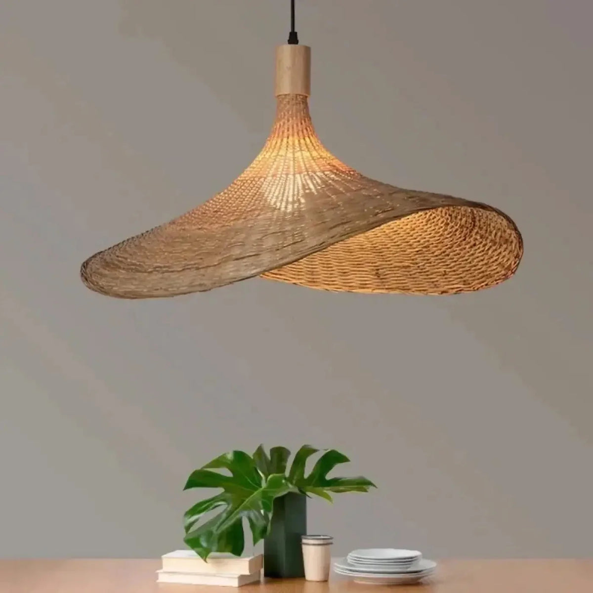Boho Rattan Pendant Light with Wavy Shade and Wood Mount