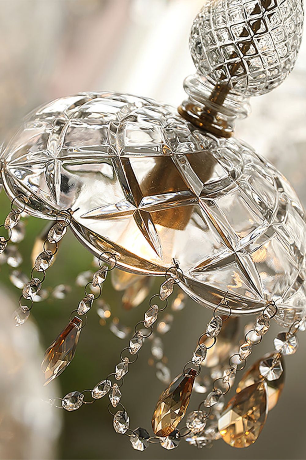 Art Deco Crystal Pendant Light with Carved Glass Shade