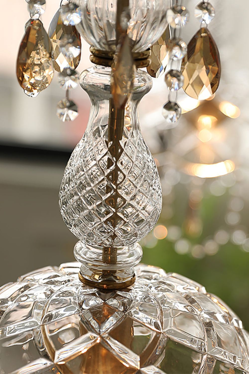 Art Deco Crystal Pendant Light with Carved Glass Shade