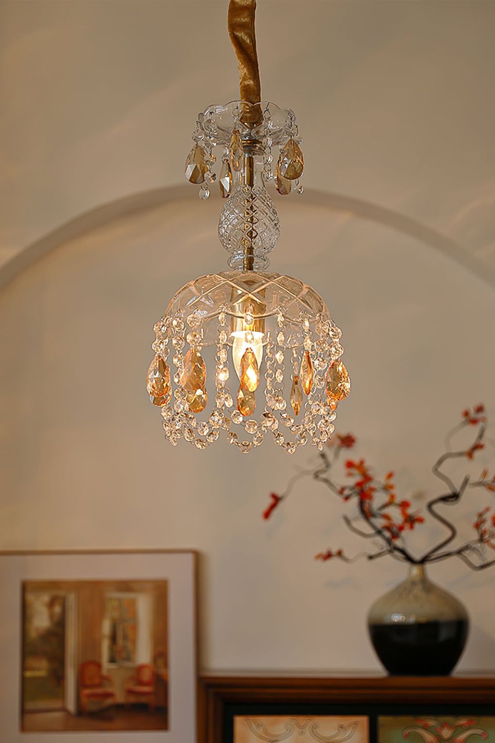 Art Deco Crystal Pendant Light with Carved Glass Shade