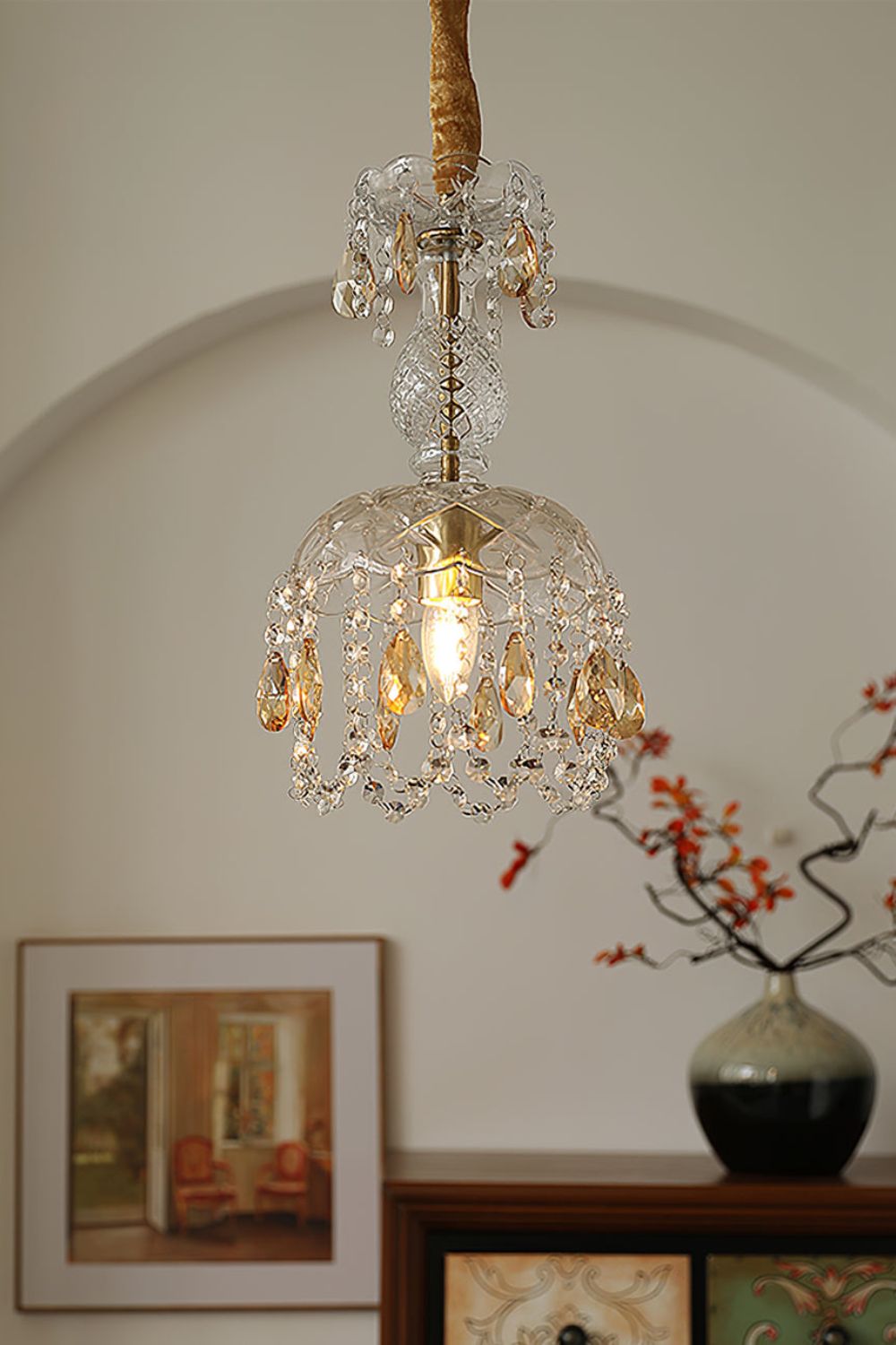 Art Deco Crystal Pendant Light with Carved Glass Shade