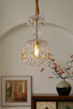 Art Deco Crystal Pendant Light with Carved Glass Shade