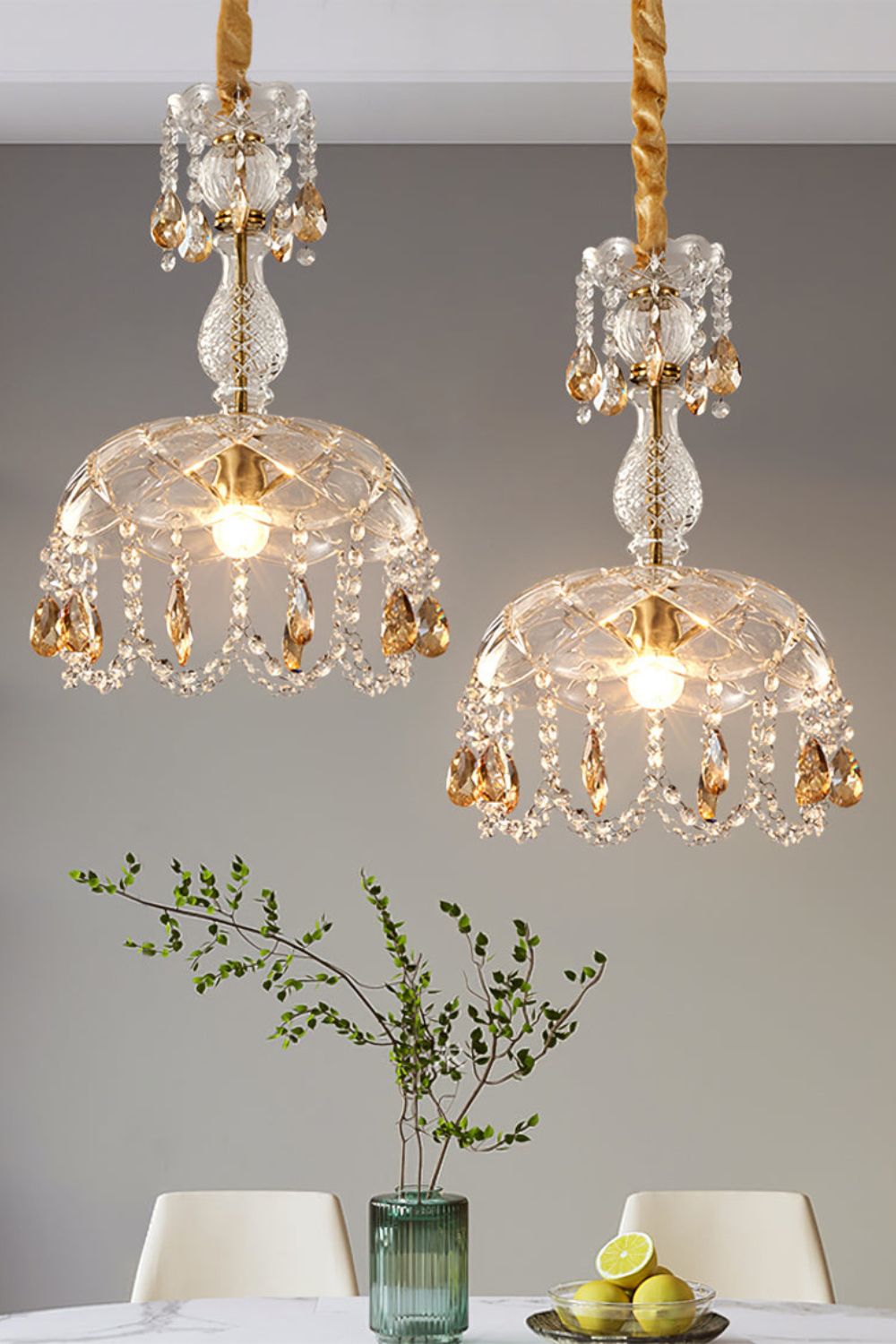 Art Deco Crystal Pendant Light with Carved Glass Shade