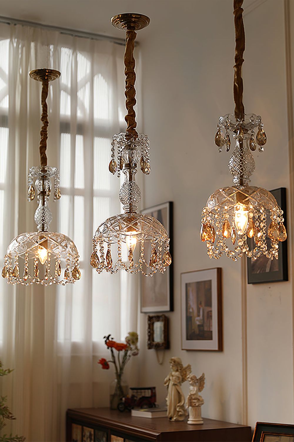 Art Deco Crystal Pendant Light with Carved Glass Shade