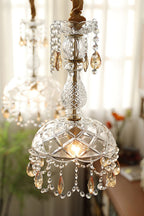 Art Deco Crystal Pendant Light with Carved Glass Shade