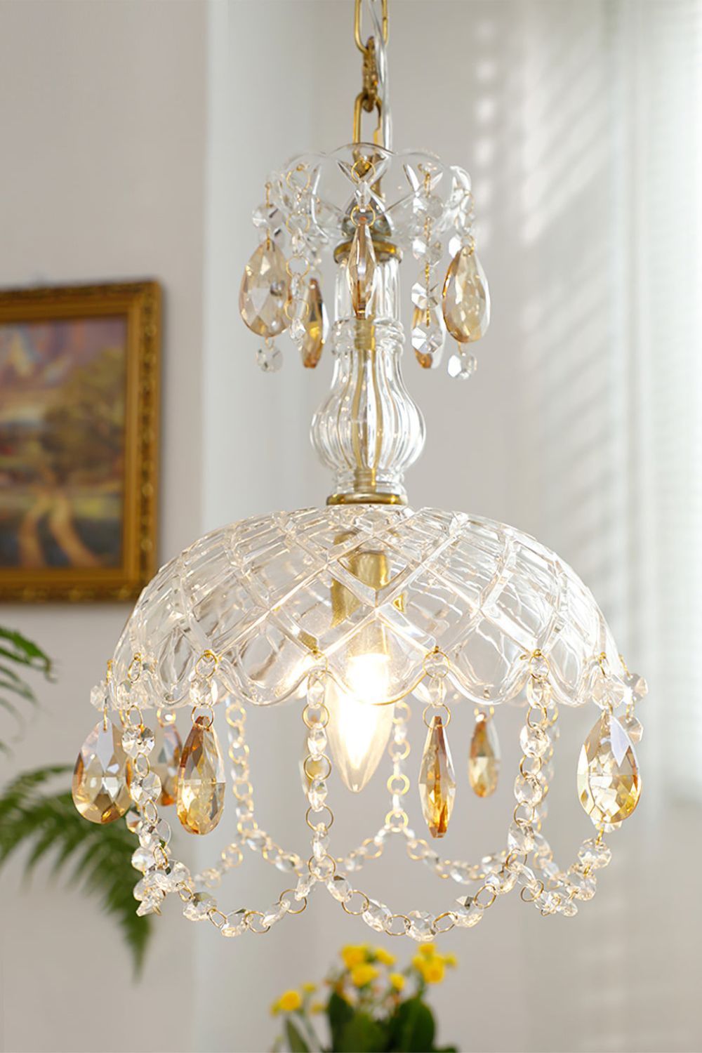 Art Deco Crystal Pendant Light with Carved Glass Shade