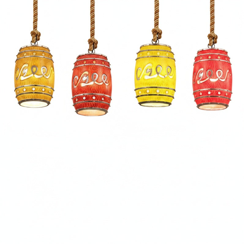 Industrial Wine Barrel Pendant Light with Hemp Rope and Resin Shade