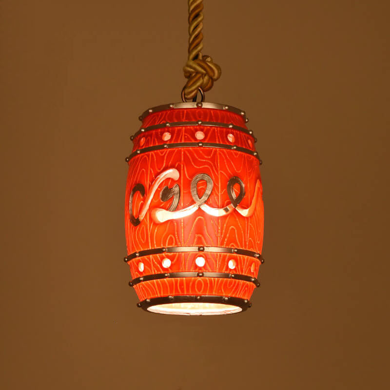 Industrial Wine Barrel Pendant Light with Hemp Rope and Resin Shade