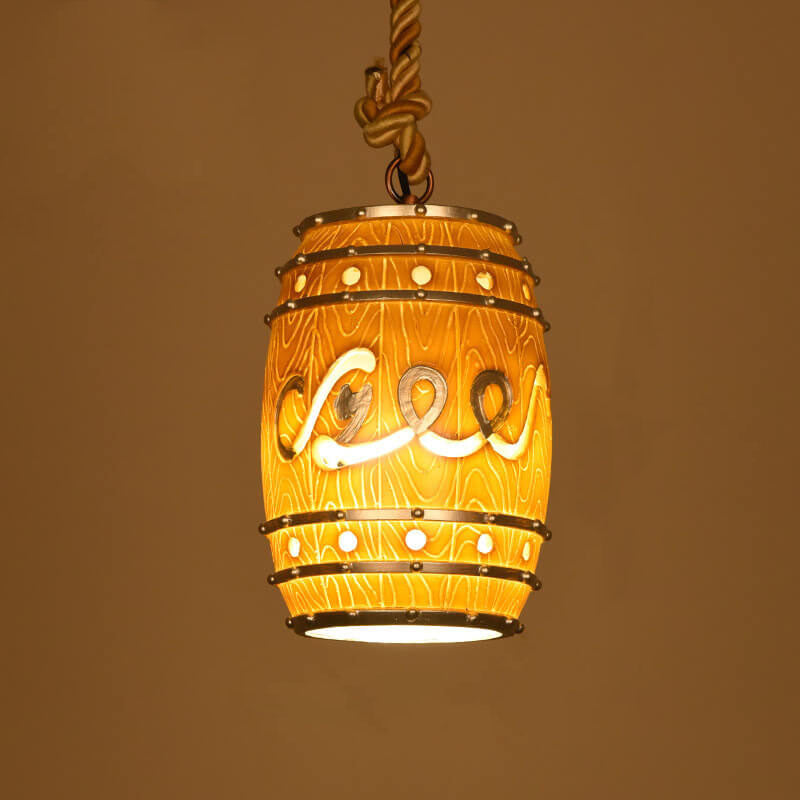 Industrial Wine Barrel Pendant Light with Hemp Rope and Resin Shade