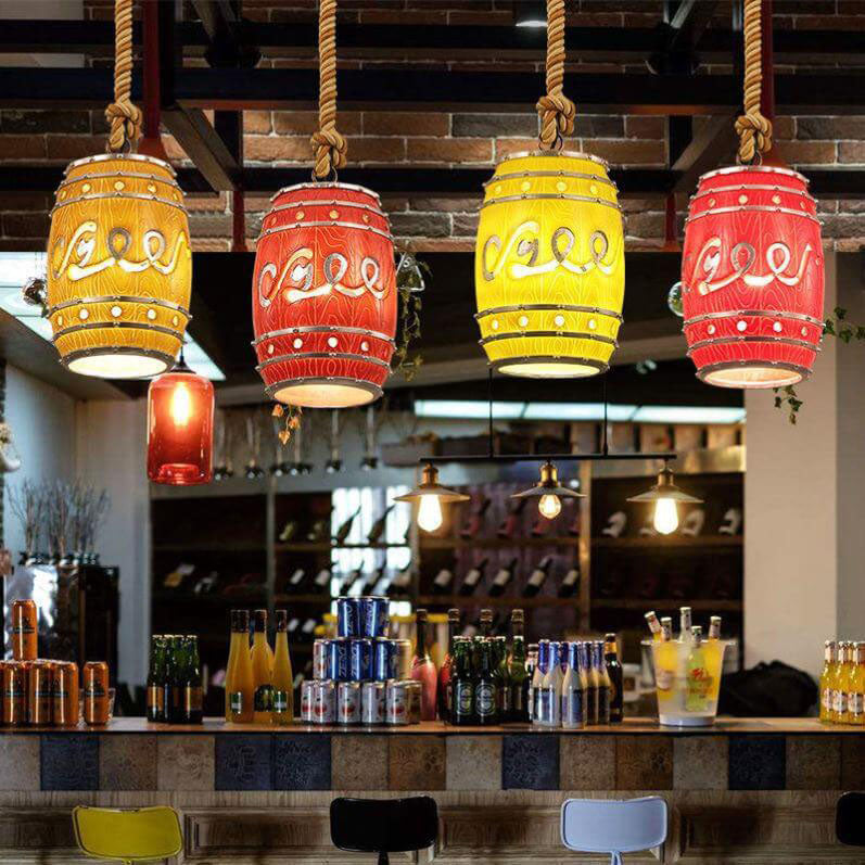 Industrial Wine Barrel Pendant Light with Hemp Rope and Resin Shade