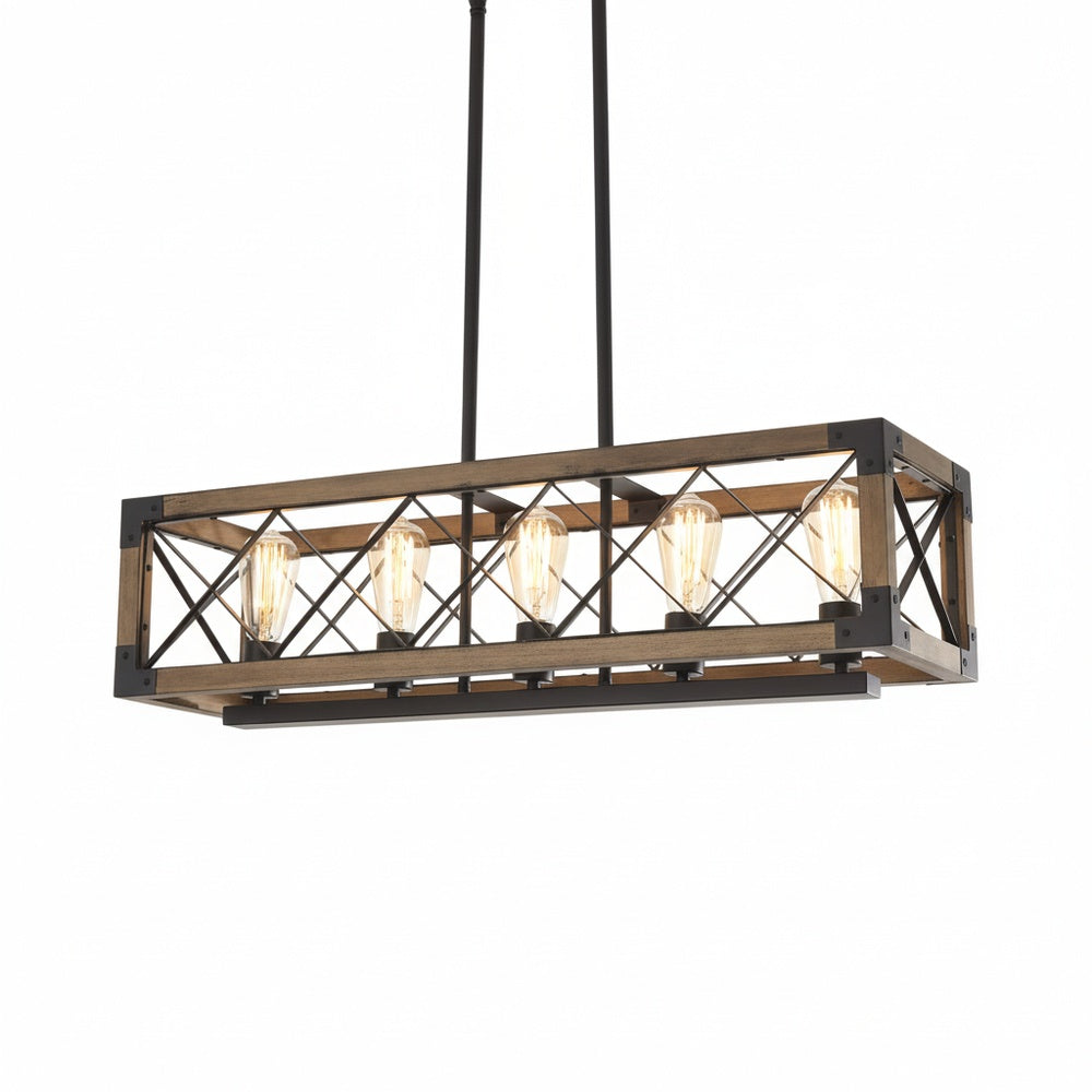 Industrial Wood and Metal Cage Pendant, Five Lights