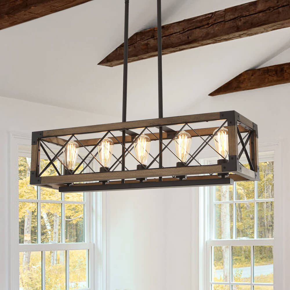 Industrial Wood and Metal Cage Pendant, Five Lights