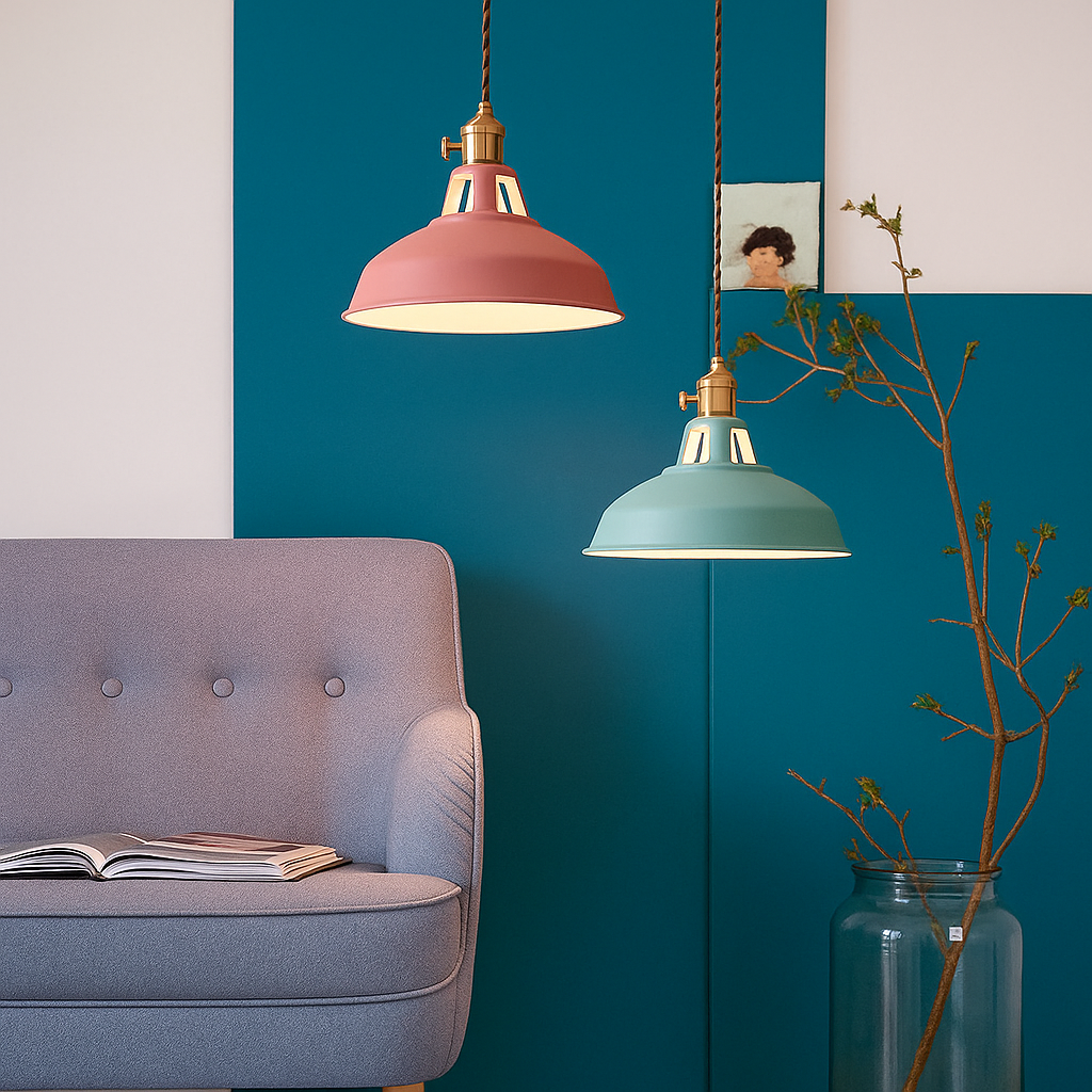 Industrial Dome Pendant Light in Colour with Braided Cable