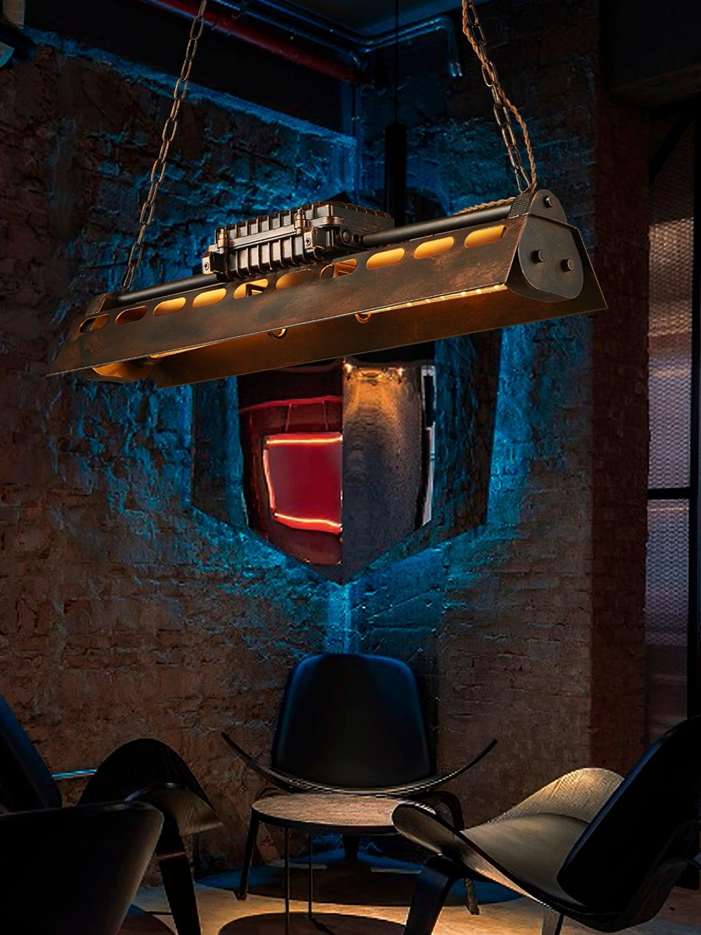 Industrial Rust-Effect Trough Pendant Light on Chain