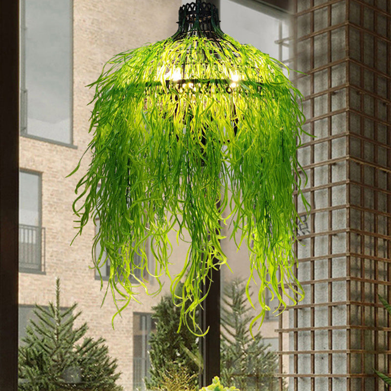 Industrial Pendant Light with Faux Trailing Plants, Adjustable Chain