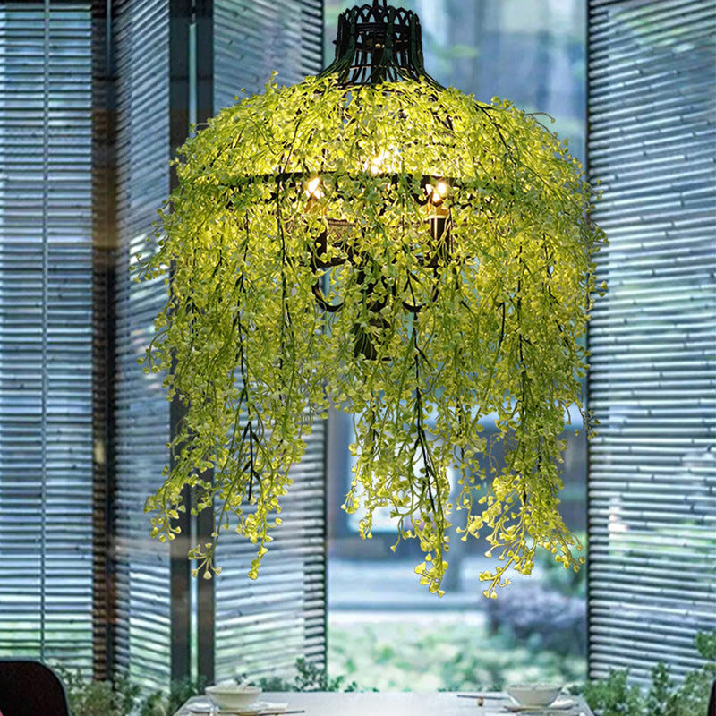 Industrial Pendant Light with Faux Trailing Plants, Adjustable Chain