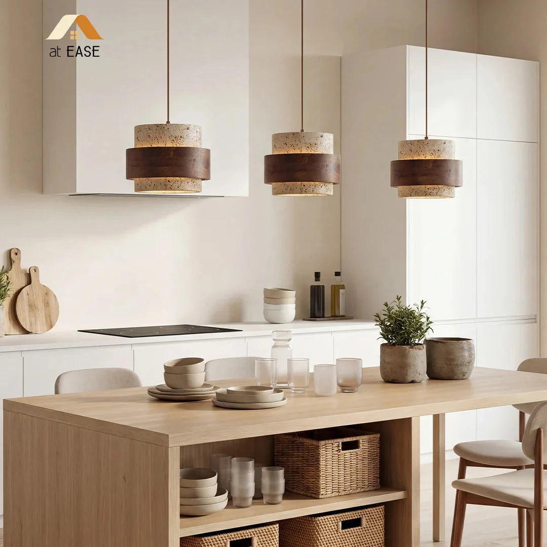 Japandi Travertine Cylinder Pendant Light, E27, 1 to 4 Lights