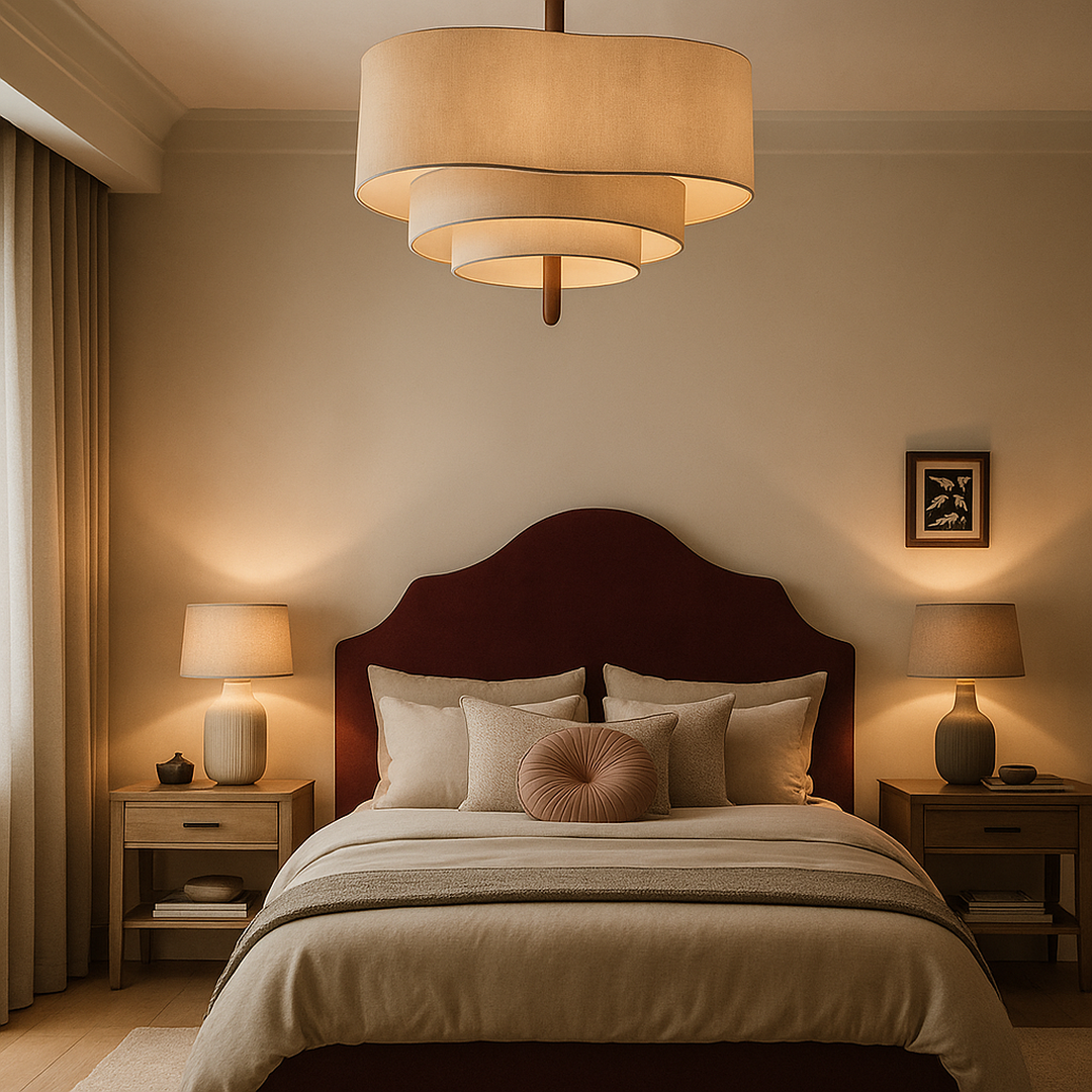 Three-Tier Fabric Shade Chandelier with Wood Centre