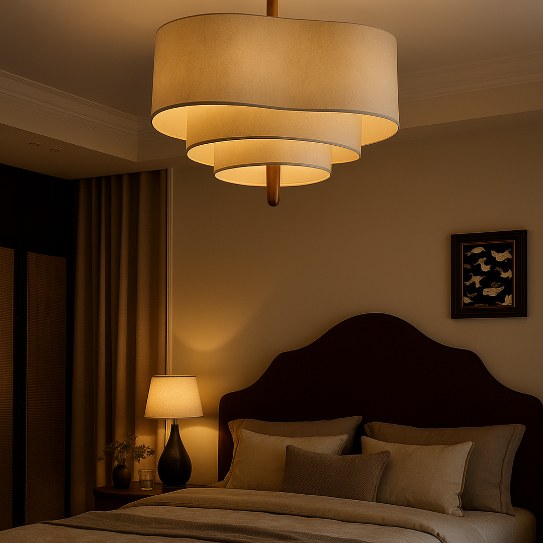 Three-Tier Fabric Shade Chandelier with Wood Centre