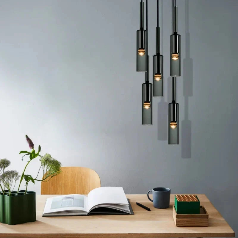 Minimalist Smoked Glass Tube Pendant Light, 42 cm