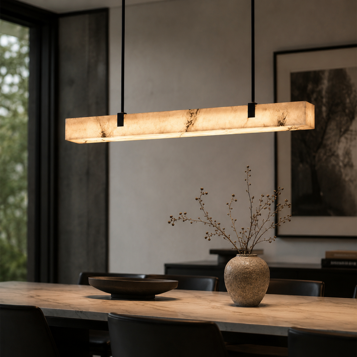 Marble-Effect Linear Pendant Light, Dimmable 3000K LED