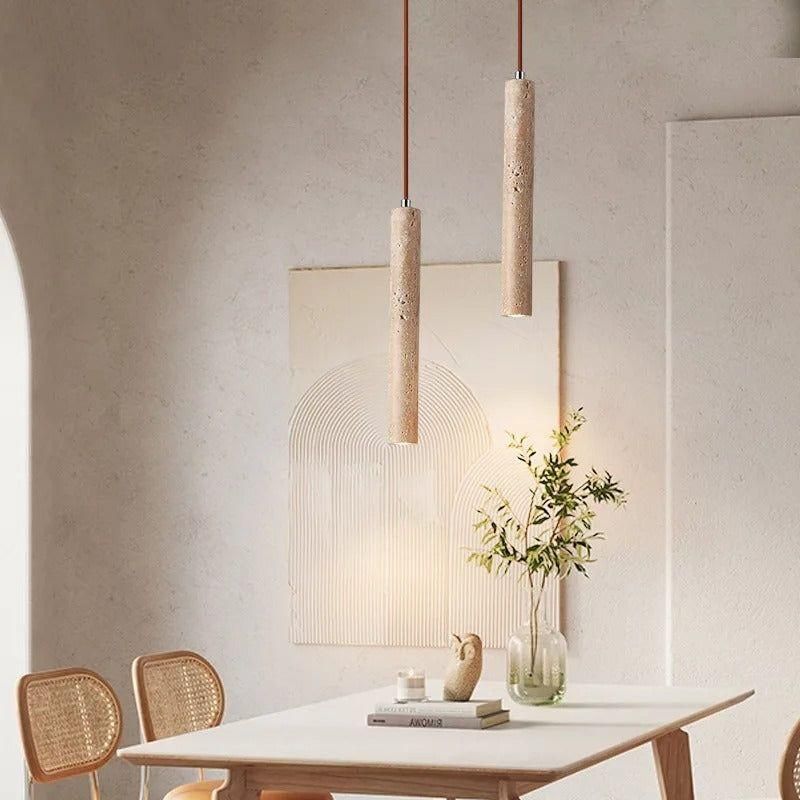 Wabi-Sabi Travertine Cylinder Pendant Light, Warm 3000K