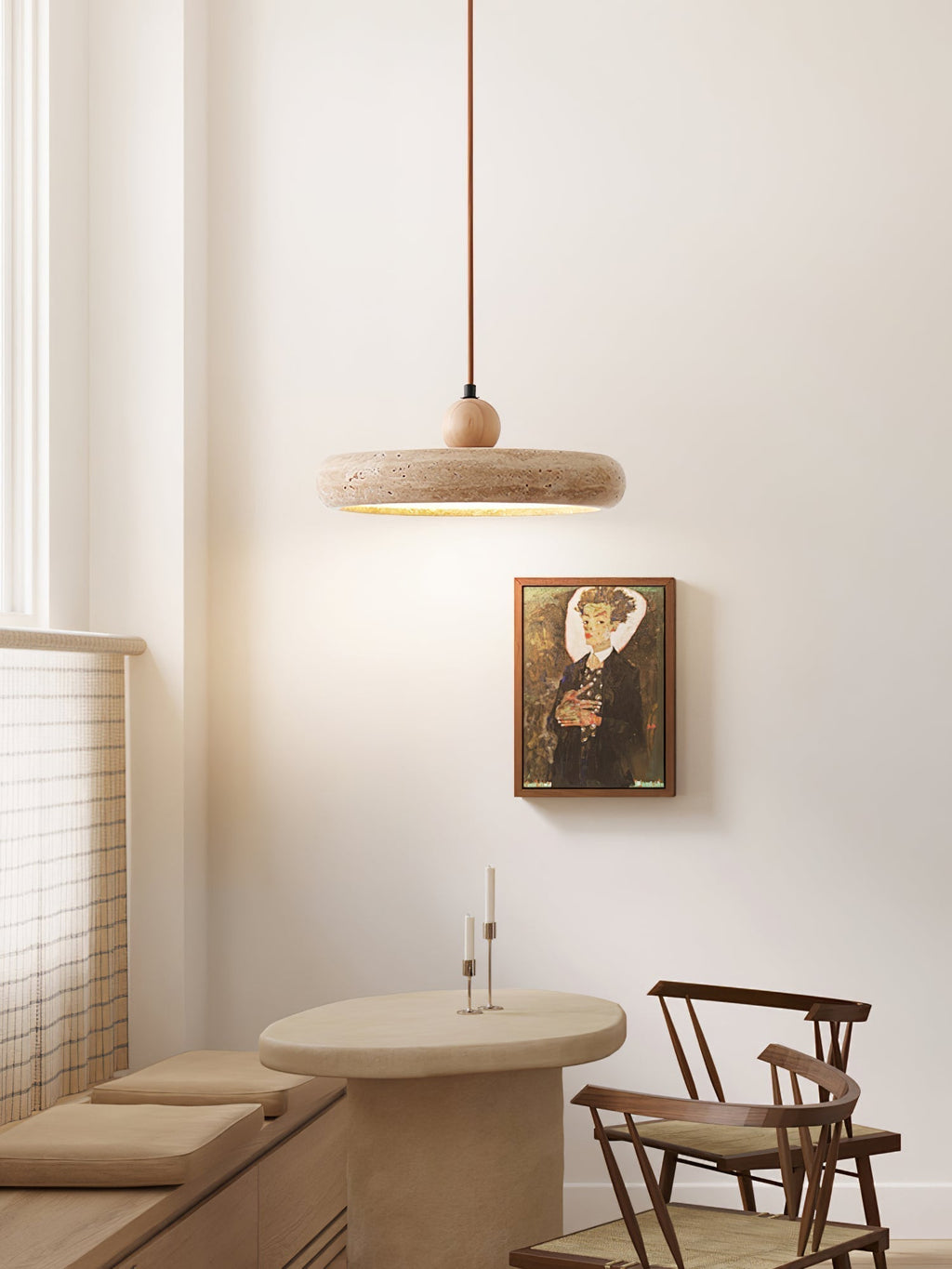 Travertine Pendant Light with White Diffuser and Wood Detail