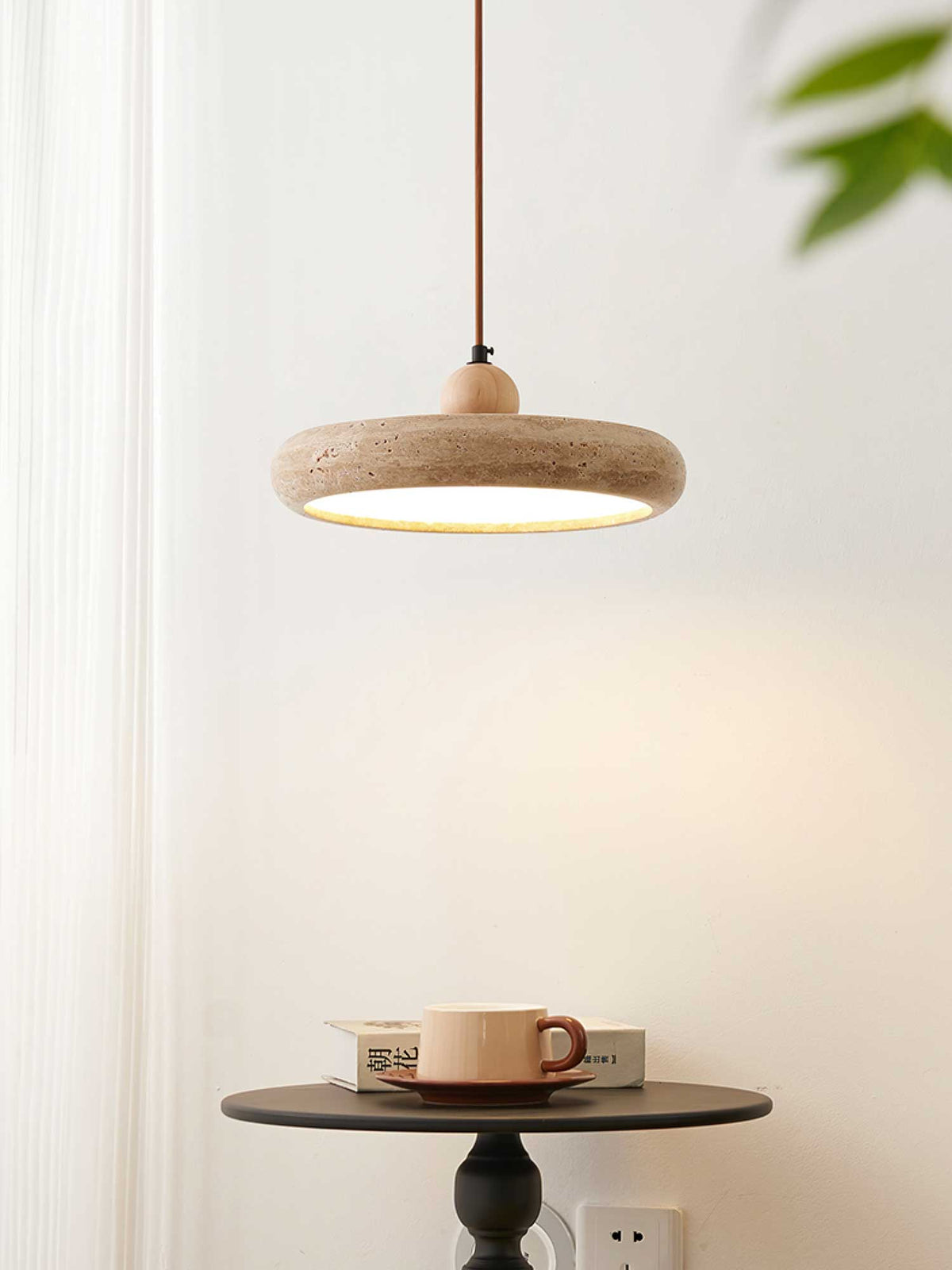 Travertine Pendant Light with White Diffuser and Wood Detail