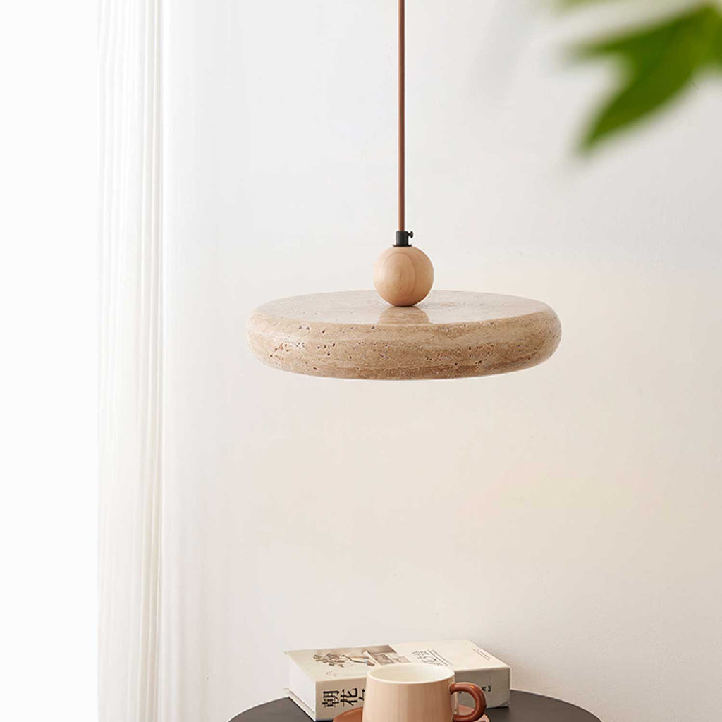 Travertine Pendant Light with White Diffuser and Wood Detail