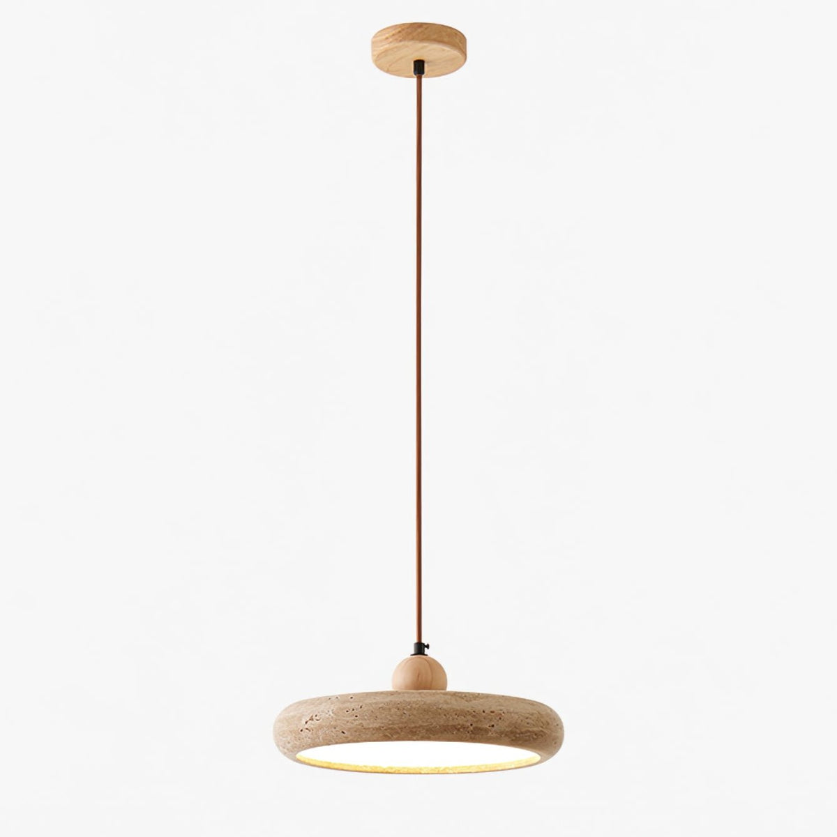 Travertine Pendant Light with White Diffuser and Wood Detail