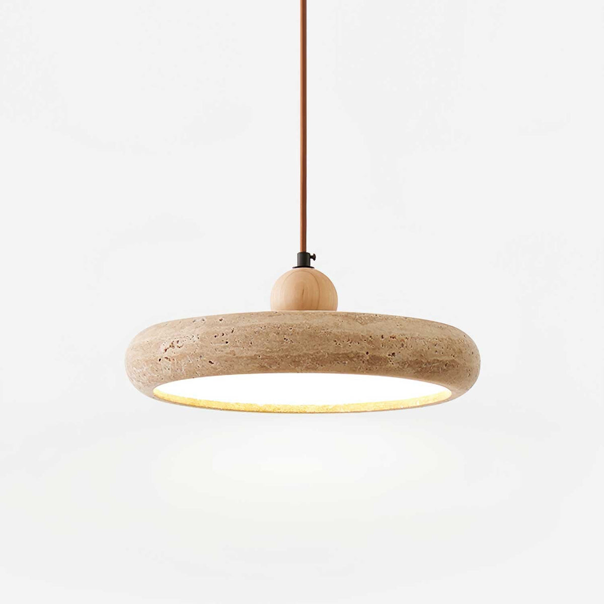 Travertine Pendant Light with White Diffuser and Wood Detail