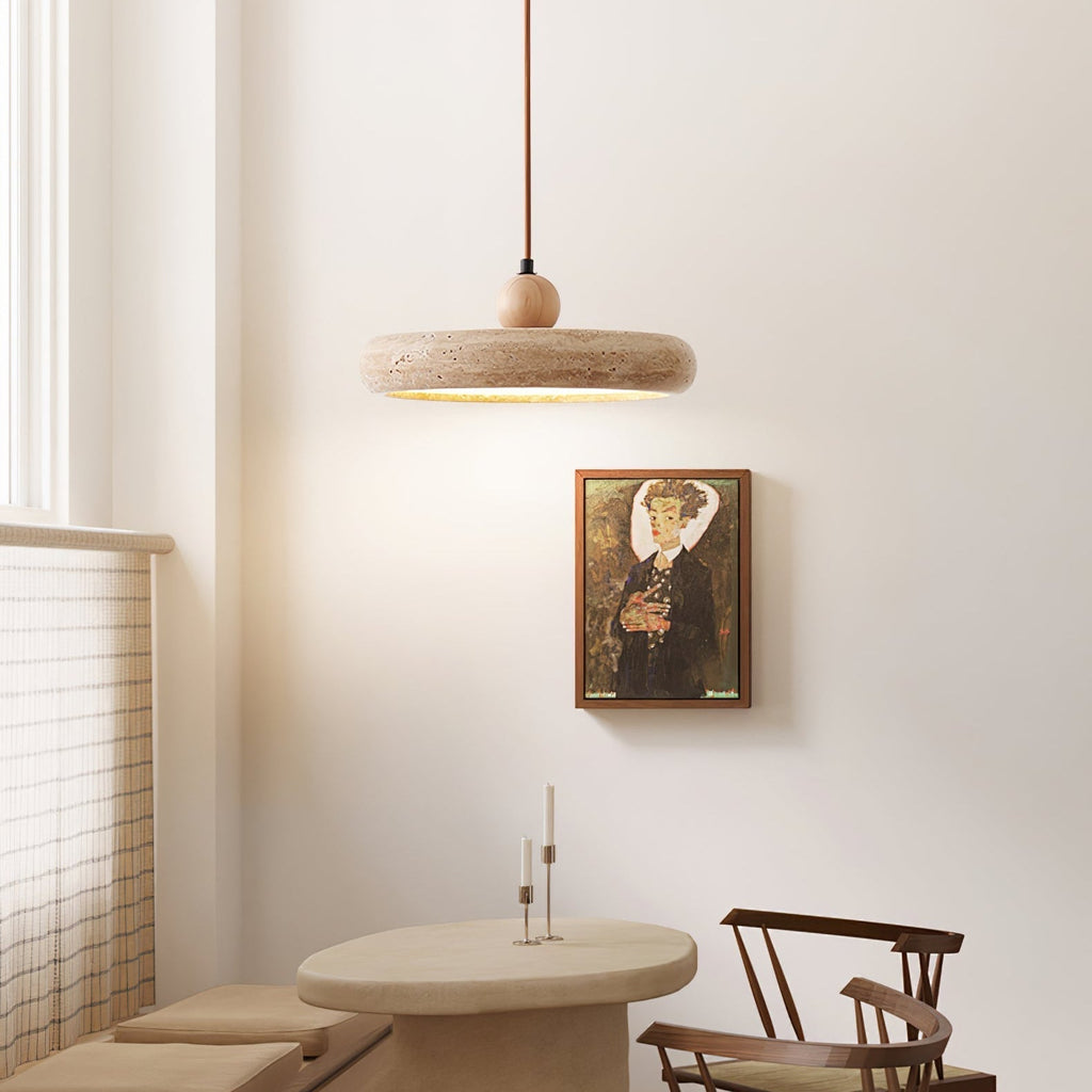 Travertine Pendant Light with White Diffuser and Wood Detail