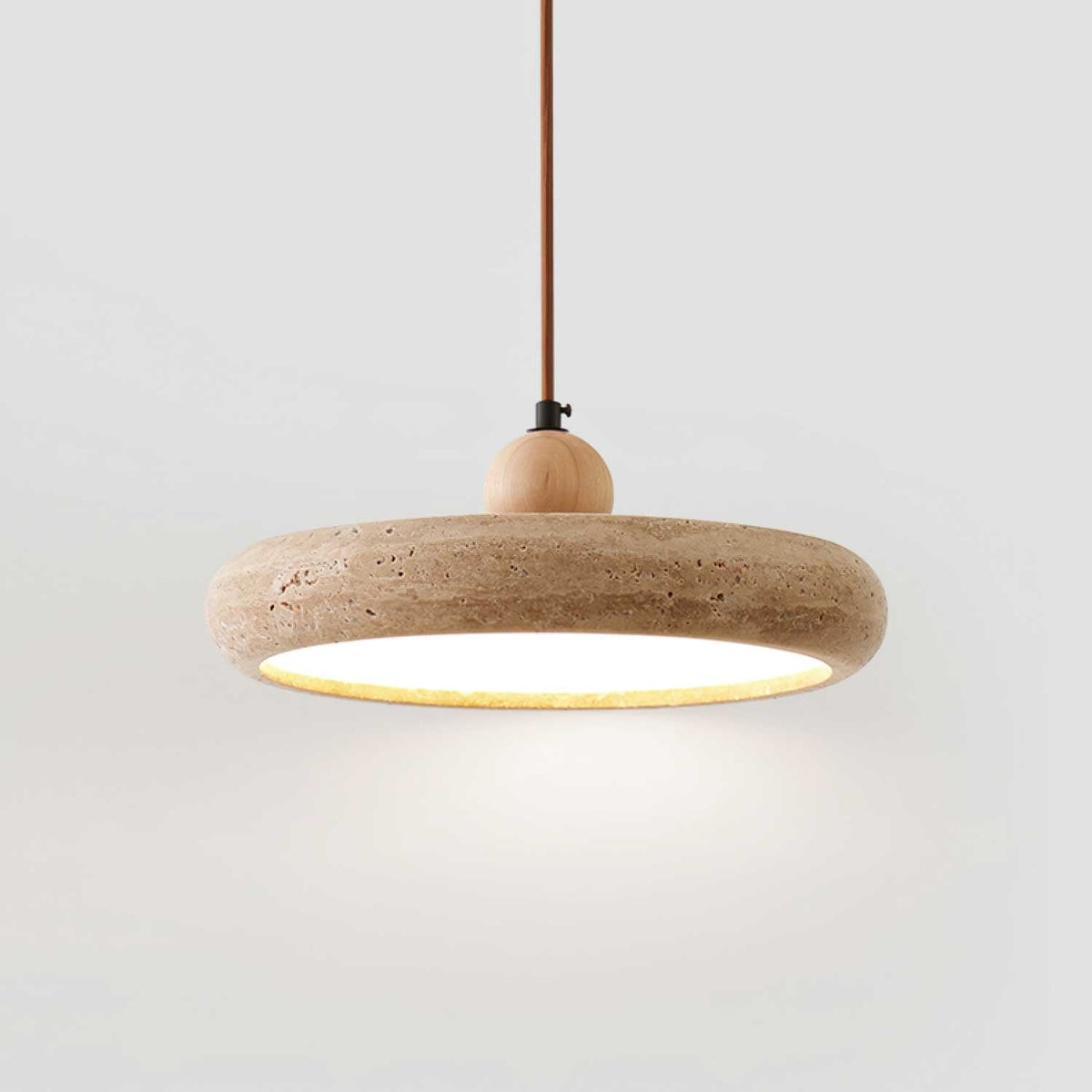 Travertine Pendant Light with White Diffuser and Wood Detail