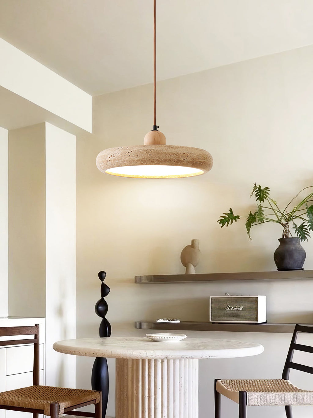 Travertine Pendant Light with White Diffuser and Wood Detail
