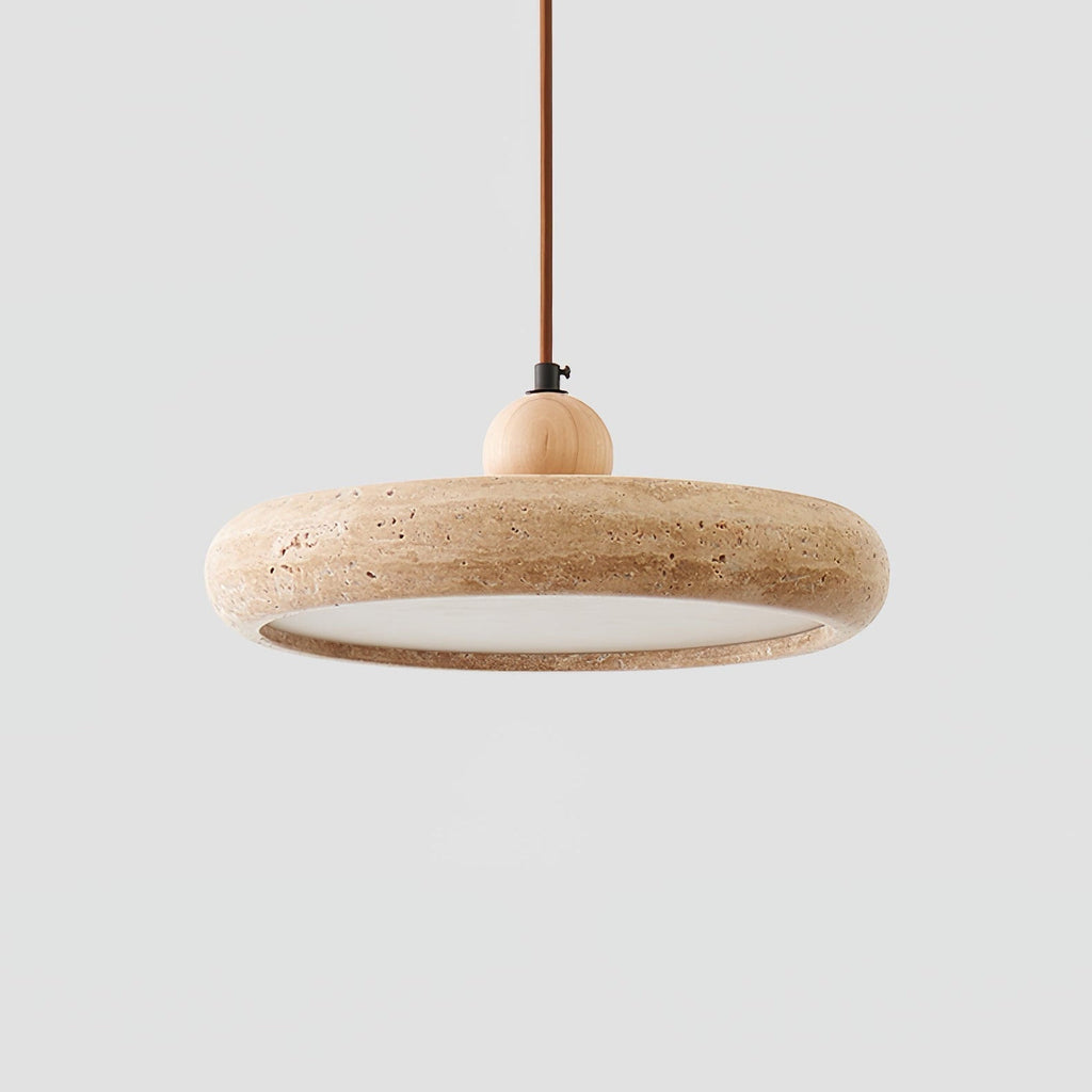 Travertine Pendant Light with White Diffuser and Wood Detail