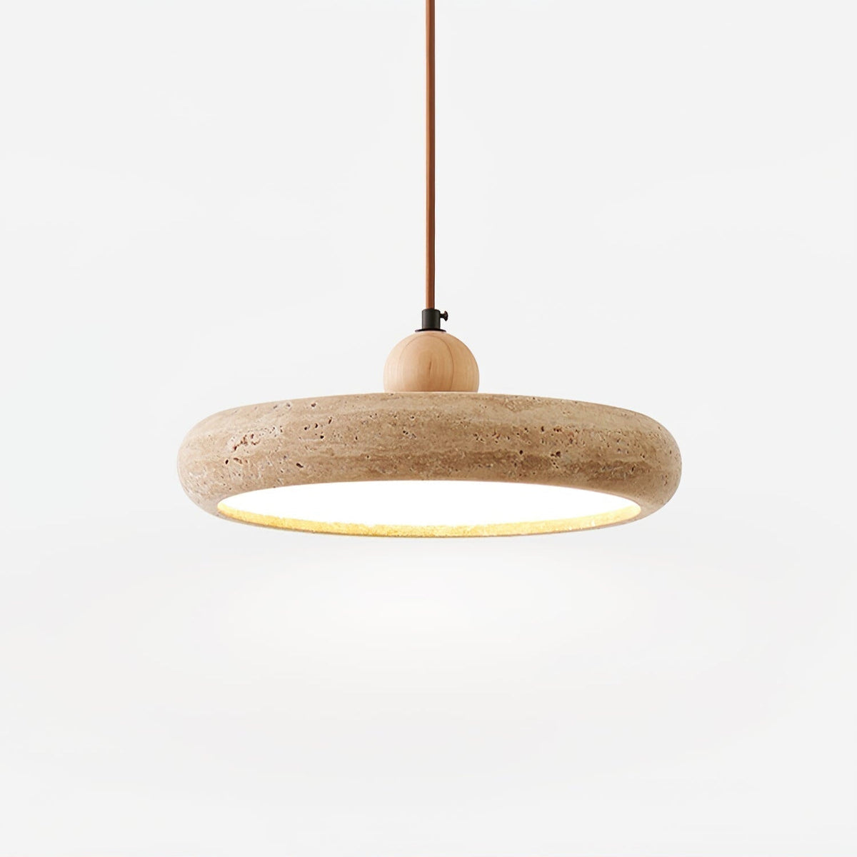 Travertine Pendant Light with White Diffuser and Wood Detail