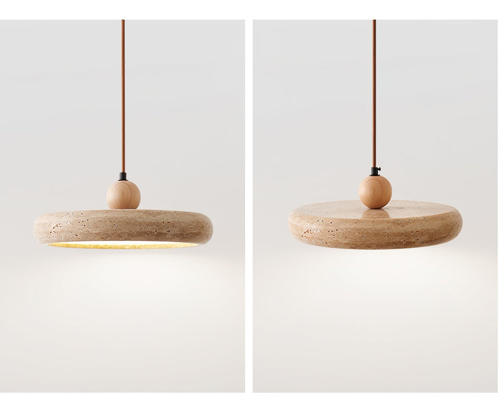 Travertine Pendant Light with White Diffuser and Wood Detail