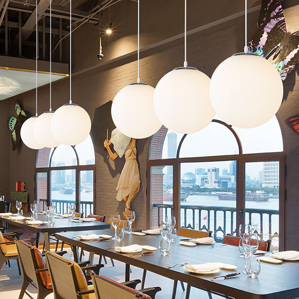 Milk White Glass Globe Pendant Light on Slim Cord, E27