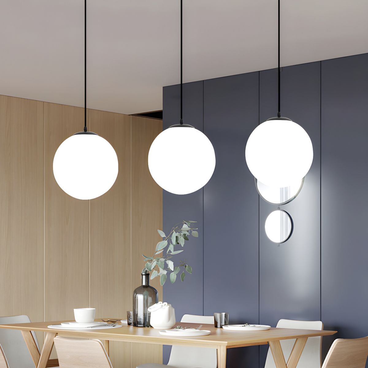 Milk White Glass Globe Pendant Light on Slim Cord, E27