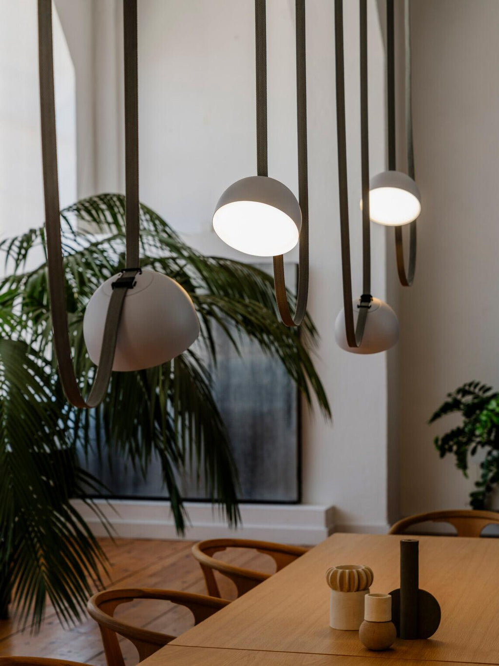 Hemisphere Pendant Lights on Leather Look Straps