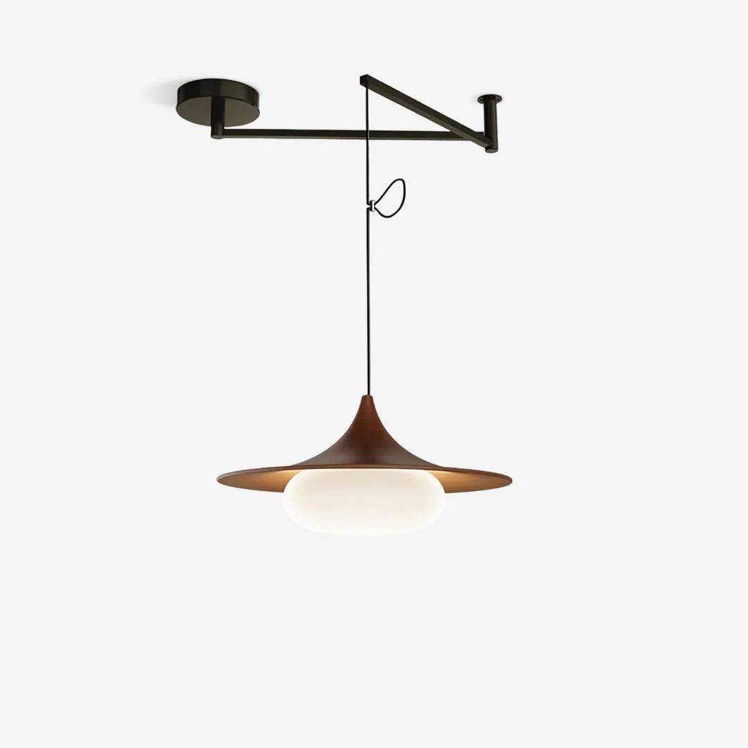 Modernist Swing Arm Pendant Light, Walnut Effect, 3000K LED